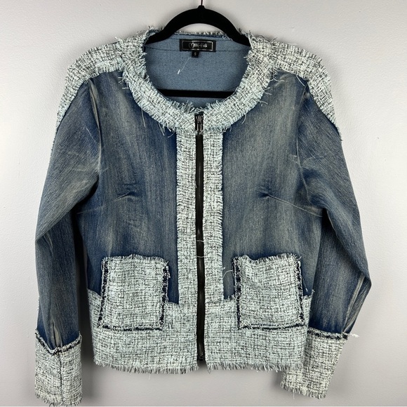 Minkas Chambray Tweed Cotton Blend Blue Full Zip Jacket Small - Picture 2 of 12